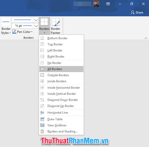 Click vào Borders và chọn All Borders