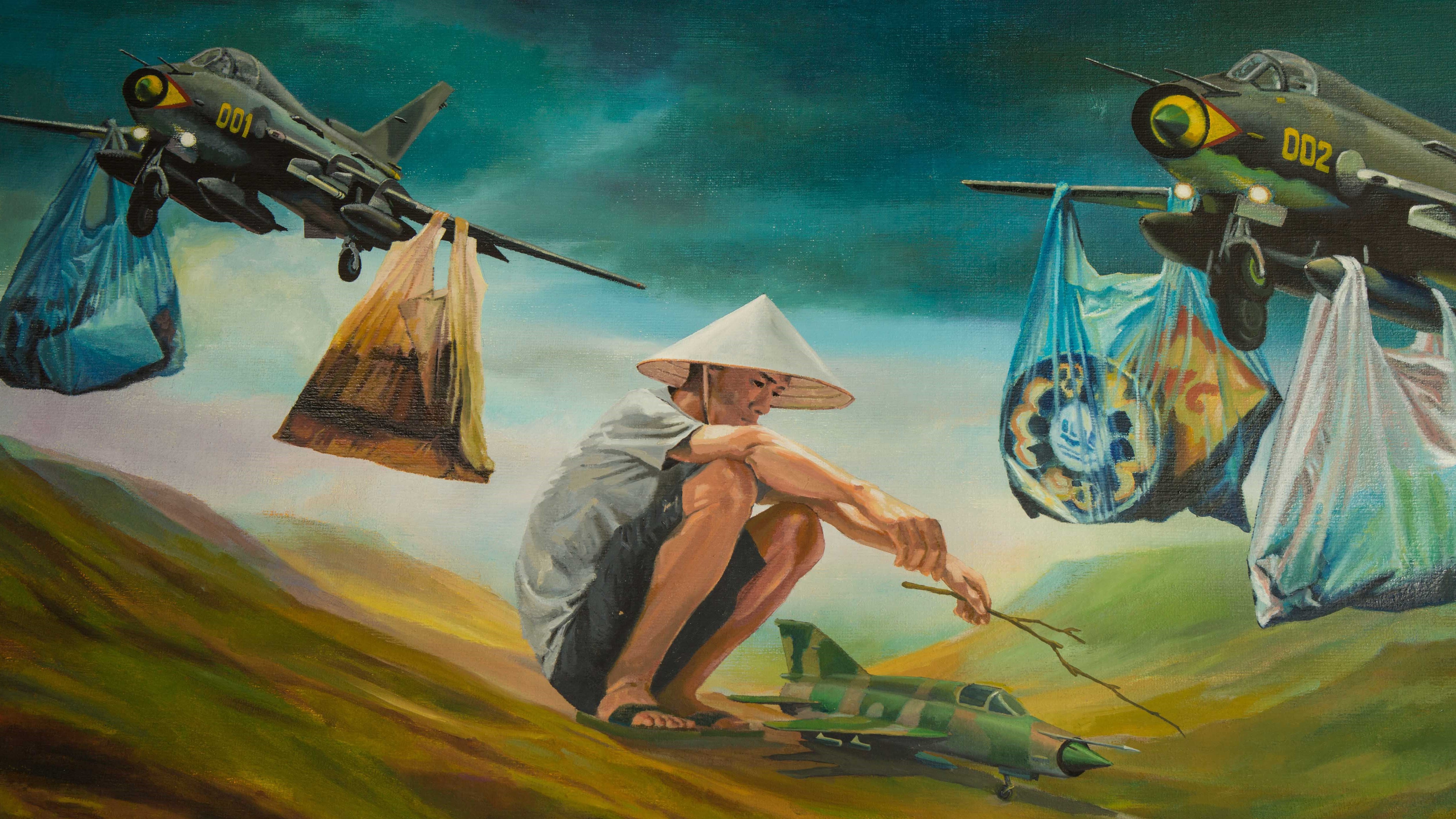 Hình ảnh tranh vẽ sơn dầu rất đẹp chàng nông dân và máy bay chiến đấu
