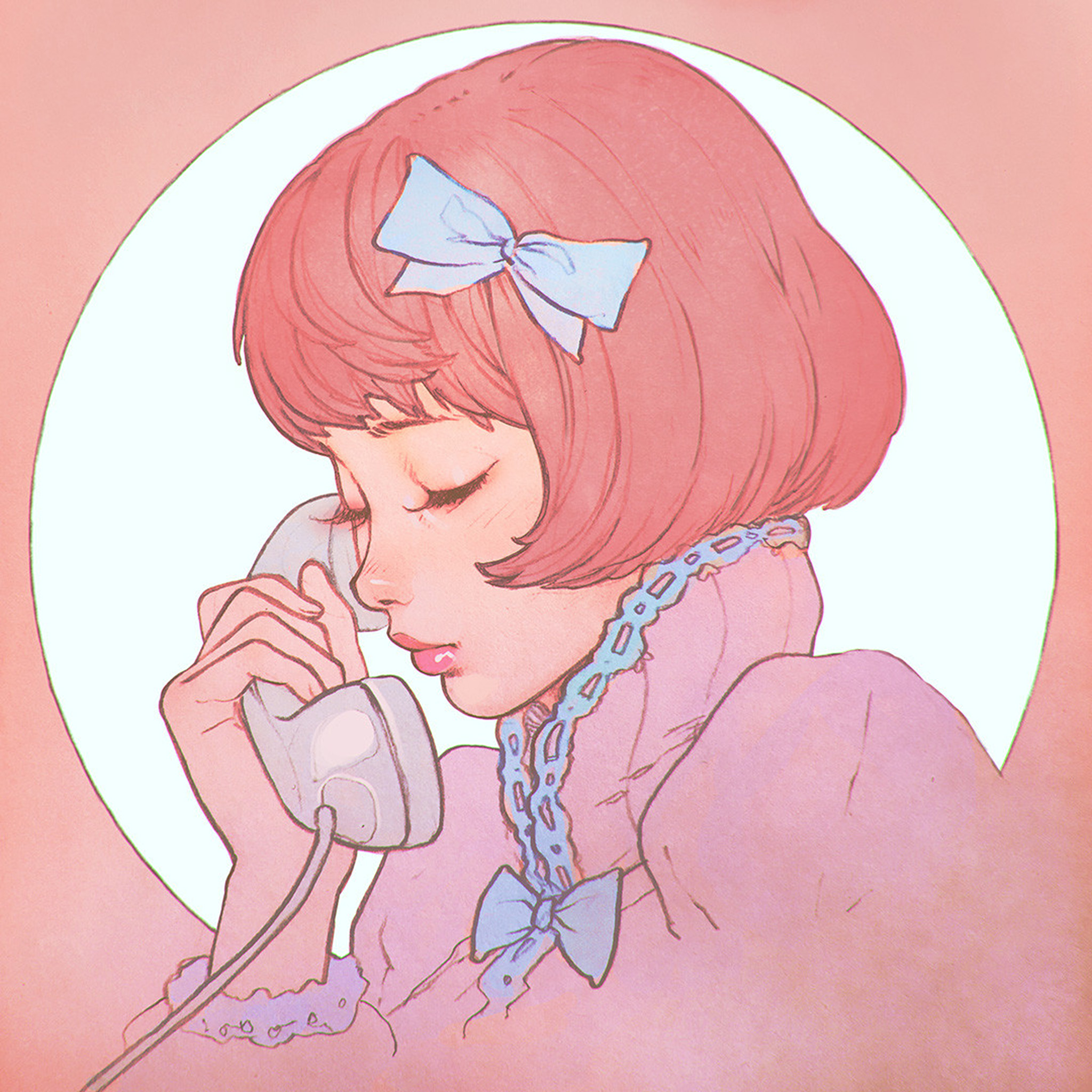 Hình ảnh vẽ cô gái tóc hồng nghe điện thoại rất cute