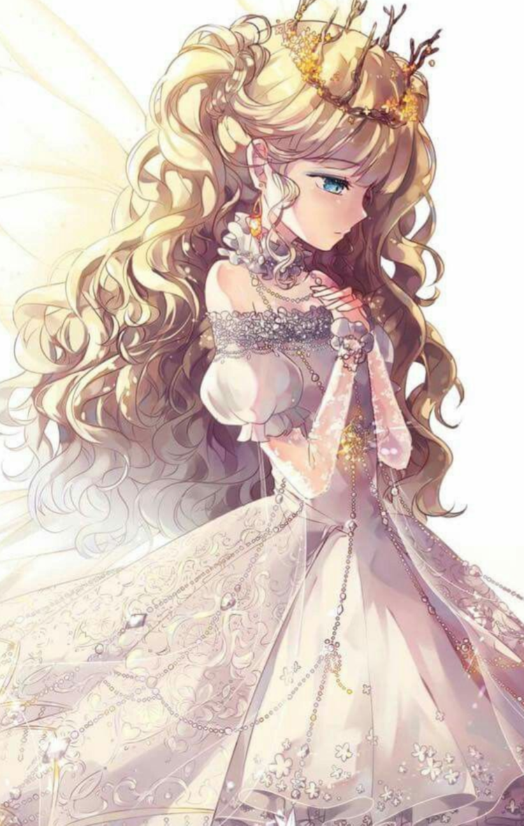 Tranh anime cô công chúa tóc vàng váy trắng với đôi mắt buồn