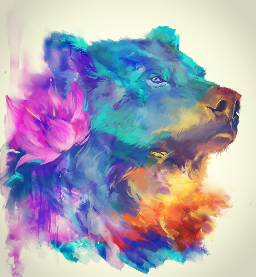 Tranh vẽ gấu phối nhiều màu sắc