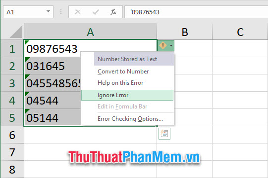 Cách hiển thị số 0 ở trước dãy số trong Excel