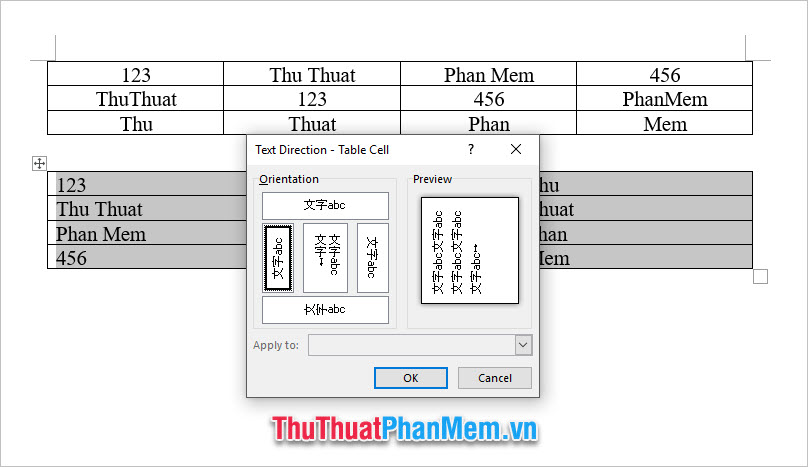 Bạn có thể chọn xoay dọc về phía bên trái và xoay dọc về phía bên phải để xoay chữ trong bảng một góc 90 độ