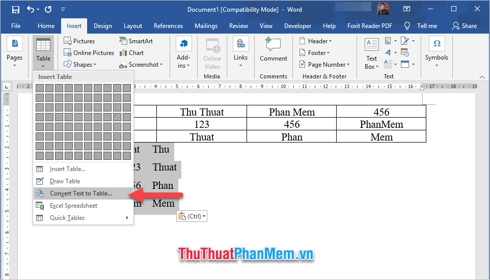 Chọn dòng Convert Text to Table