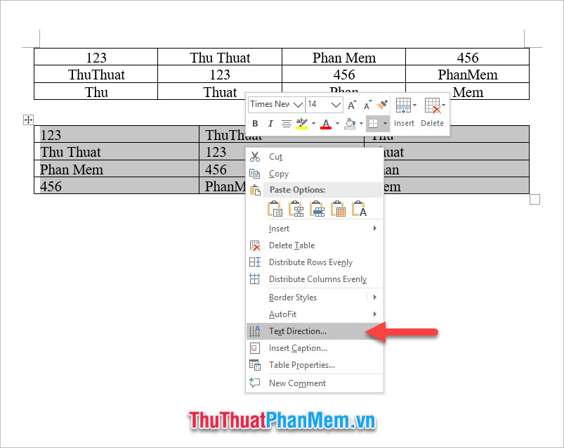 Chọn Text Direction