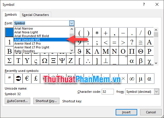 Chuyển sang font Arial Unicode MS trong mục Font