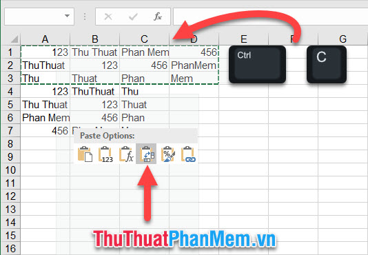 Click chuột phải và chọn biểu tượng Transpose trong Paste Options