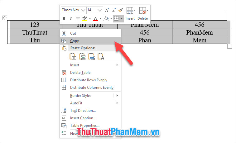 Copy bảng dữ liệu cần xoay 90 độ