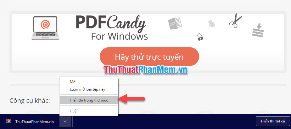Mở thư mục chứa file đã tải về