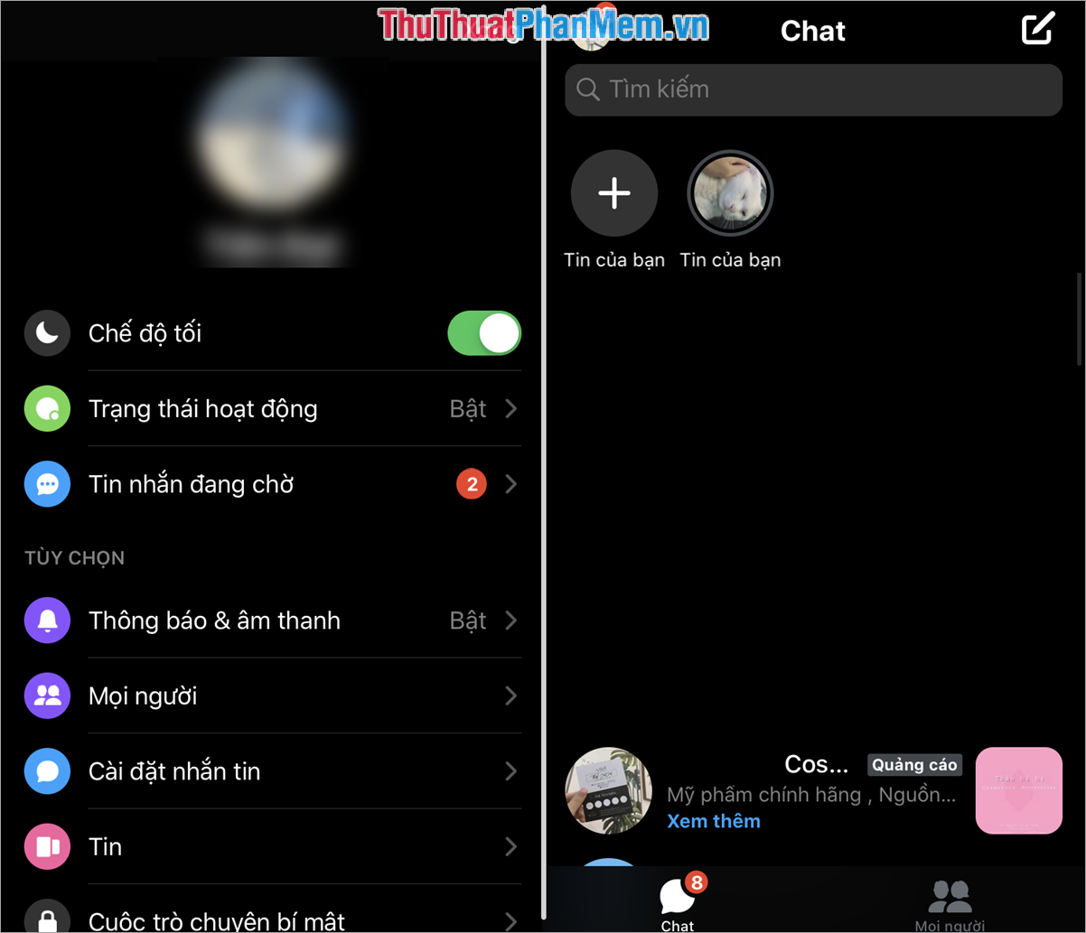 Giao diện trên Messenger của các bạn sẽ tự động chuyển sang chế độ tối Dark Mode, bao gồm tất cả các cuộc trò chuyện