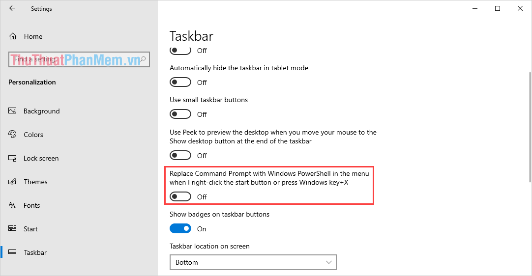 Tắt tính năng Replace Command Prompt with Windows PowerShell in the menu
