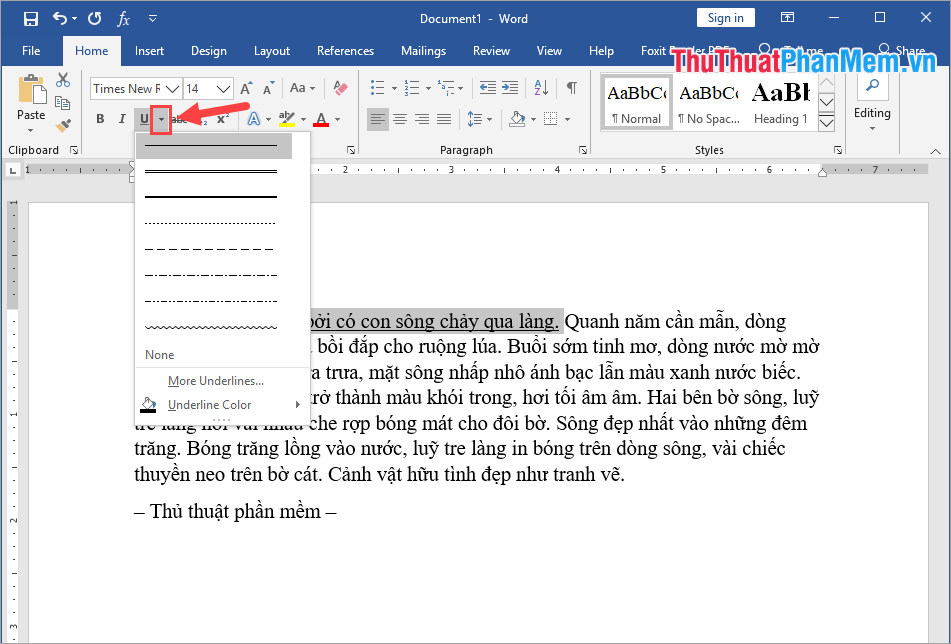 Chọn biểu tượng Mũi tên bên cạnh Underline