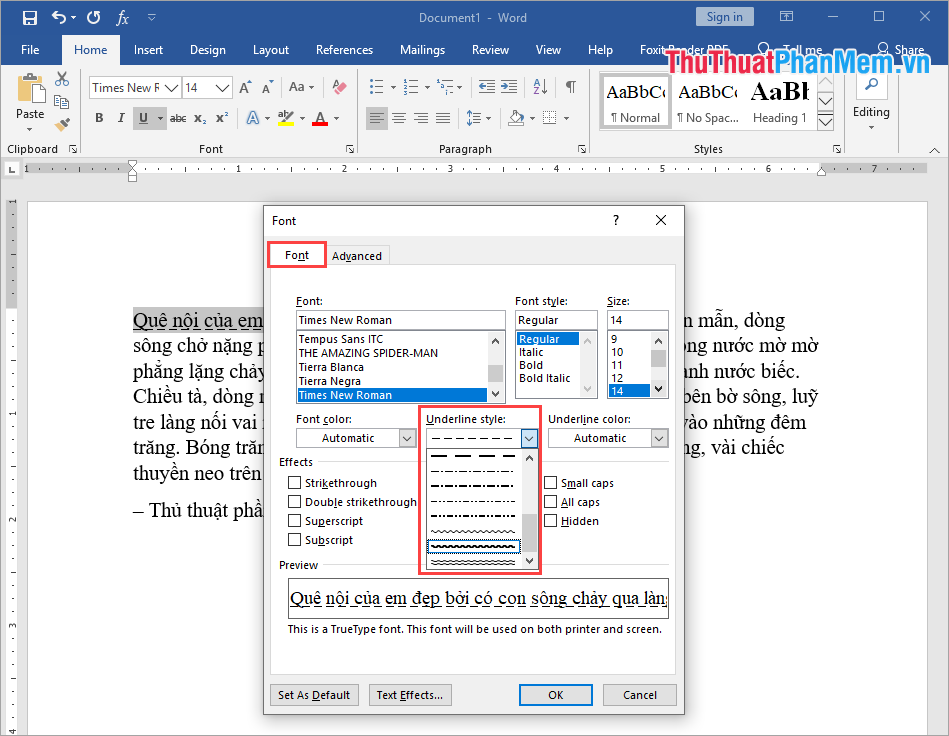 Chon Font và nhấn vào Underline style để xem thêm các kiểu gạch chân khác nhau sẵn có trên Word