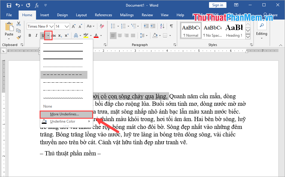 Chọn More Underlines để xem thêm nhiều kiểu gạch chân khác