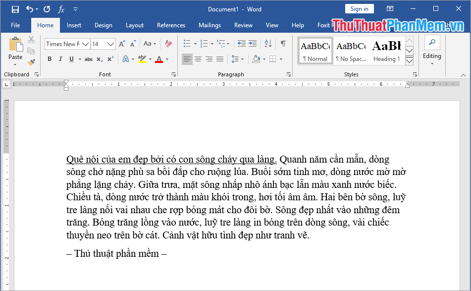 Đoạn văn bản được chọn sẽ gạch chân