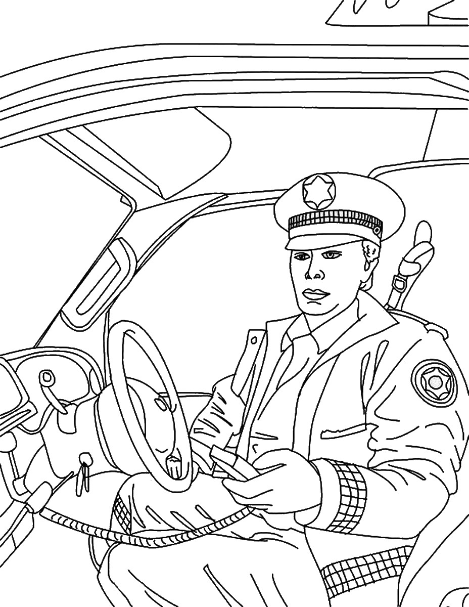 Tranh tô màu chú công an ngồi trong xe cảnh sát