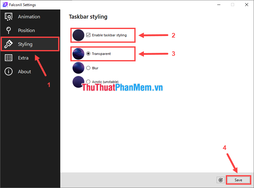 Đánh dấu ô Enable taskbar styling