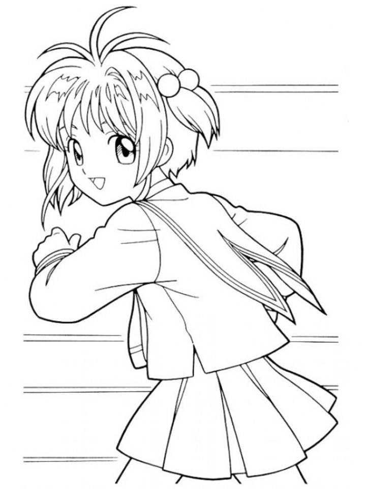 Hình tranh tô màu Sakura mặc đồng phục đang chạy