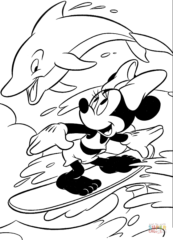 Tranh tô màu bạn gái chuột Mickey lướt ván cùng cá heo