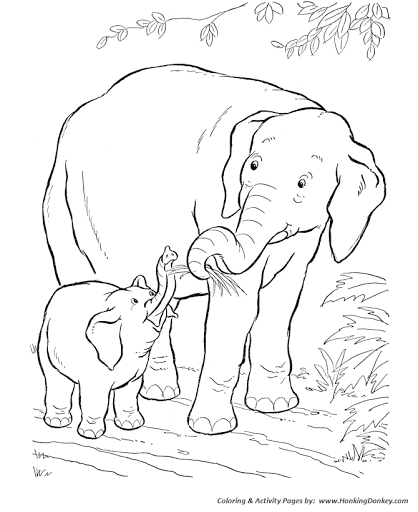 Tranh tô màu chú voi con chơi với voi mẹ