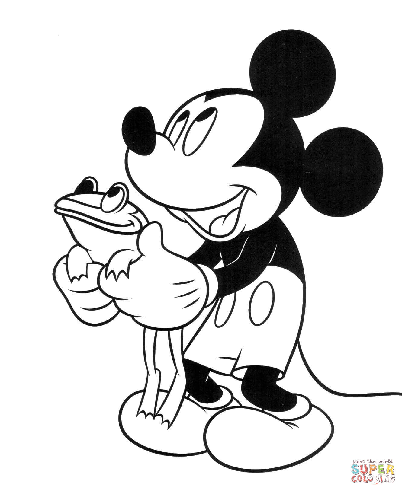 Chuột Mickey cầm trang tô màu ếch