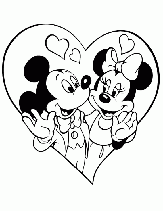 Tranh tô màu chuột Mickey và bạn gái trong hình trái tim