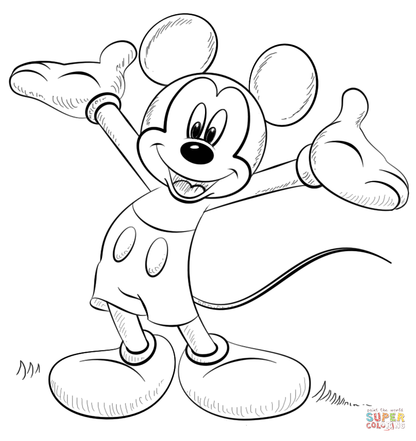 Tranh tô màu chuột Mickey vươn hai tay