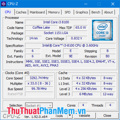 Thẻ CPU gồm các thông số như số nhân, số luồng, xung nhịp