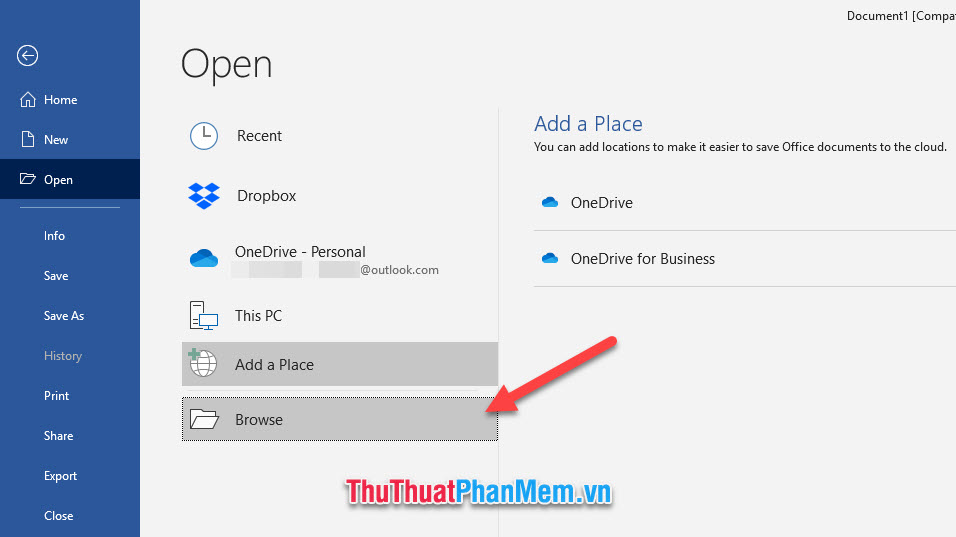 Chọn Browse để có thể tìm kiếm và mở file Word bị lỗi trong máy tính