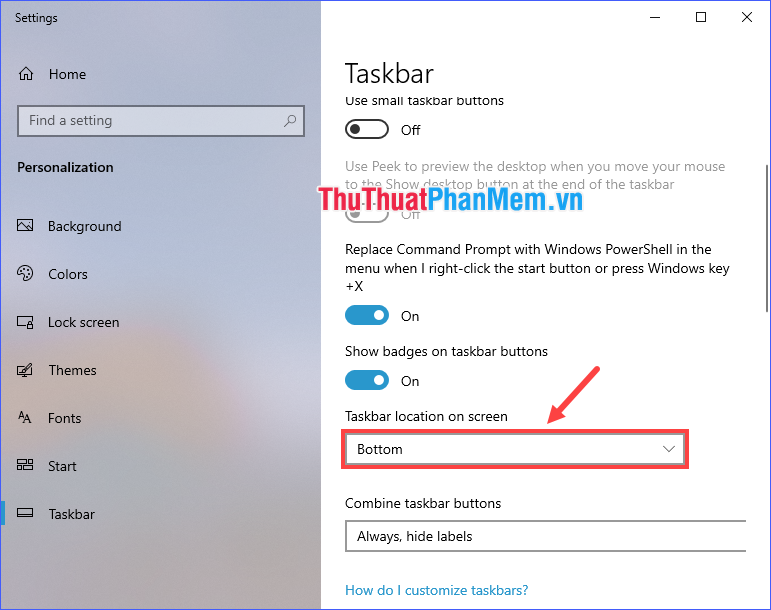 Bạn có thể lựa chọn vị trí đặt thanh Taskbar trên màn hình qua mục Taskbar location on screen