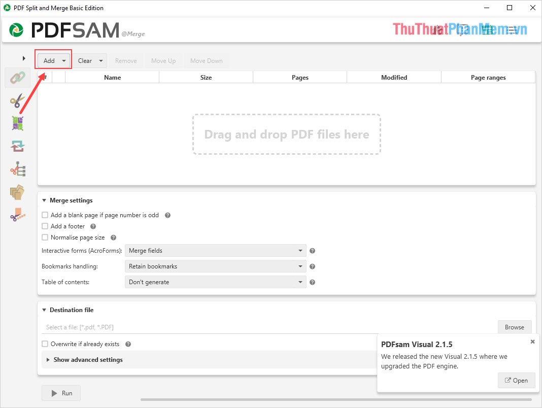 Chọn Add để thêm file PDF cần ghép vào hệ thống