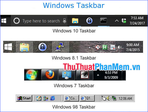 Hình ảnh thanh Taskbar trong một số phiên bản Windows khác nhau