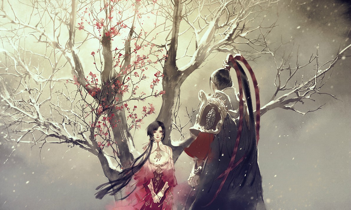 HÌnh ảnh anime cổ trang chàng tướng quân gặp gỡ người yêu dưới gốc cây hoa