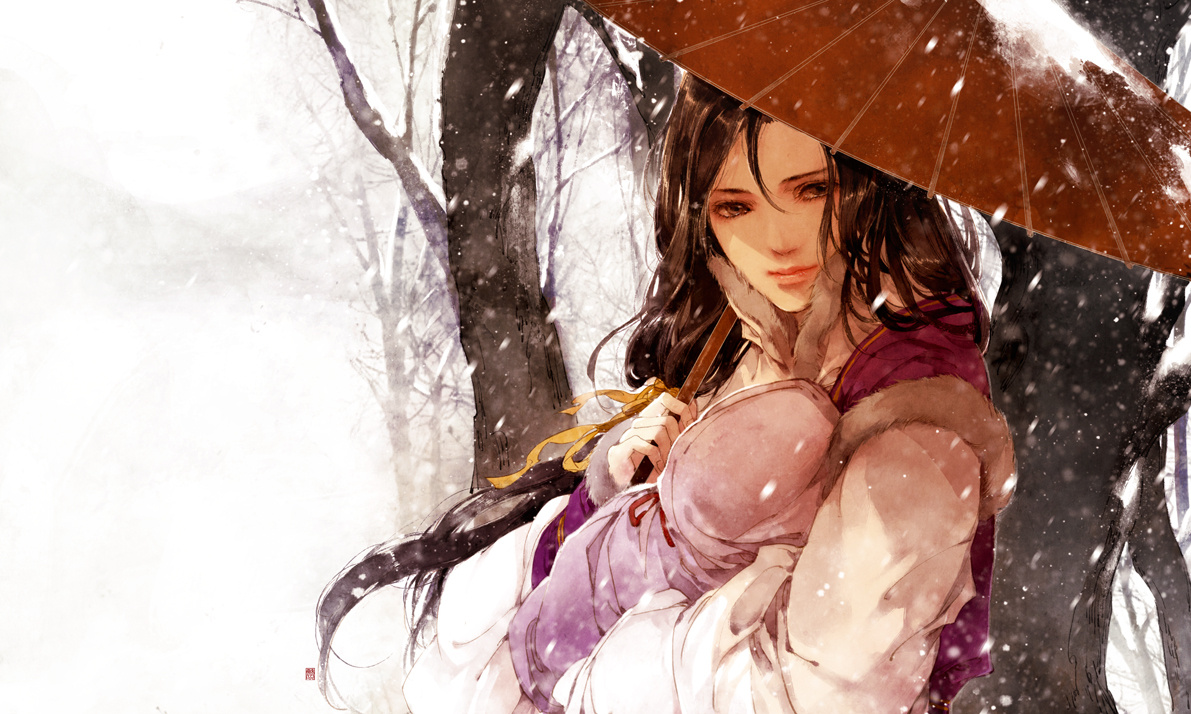 Hình ảnh anime cổ trang che ô dưới trời tuyết