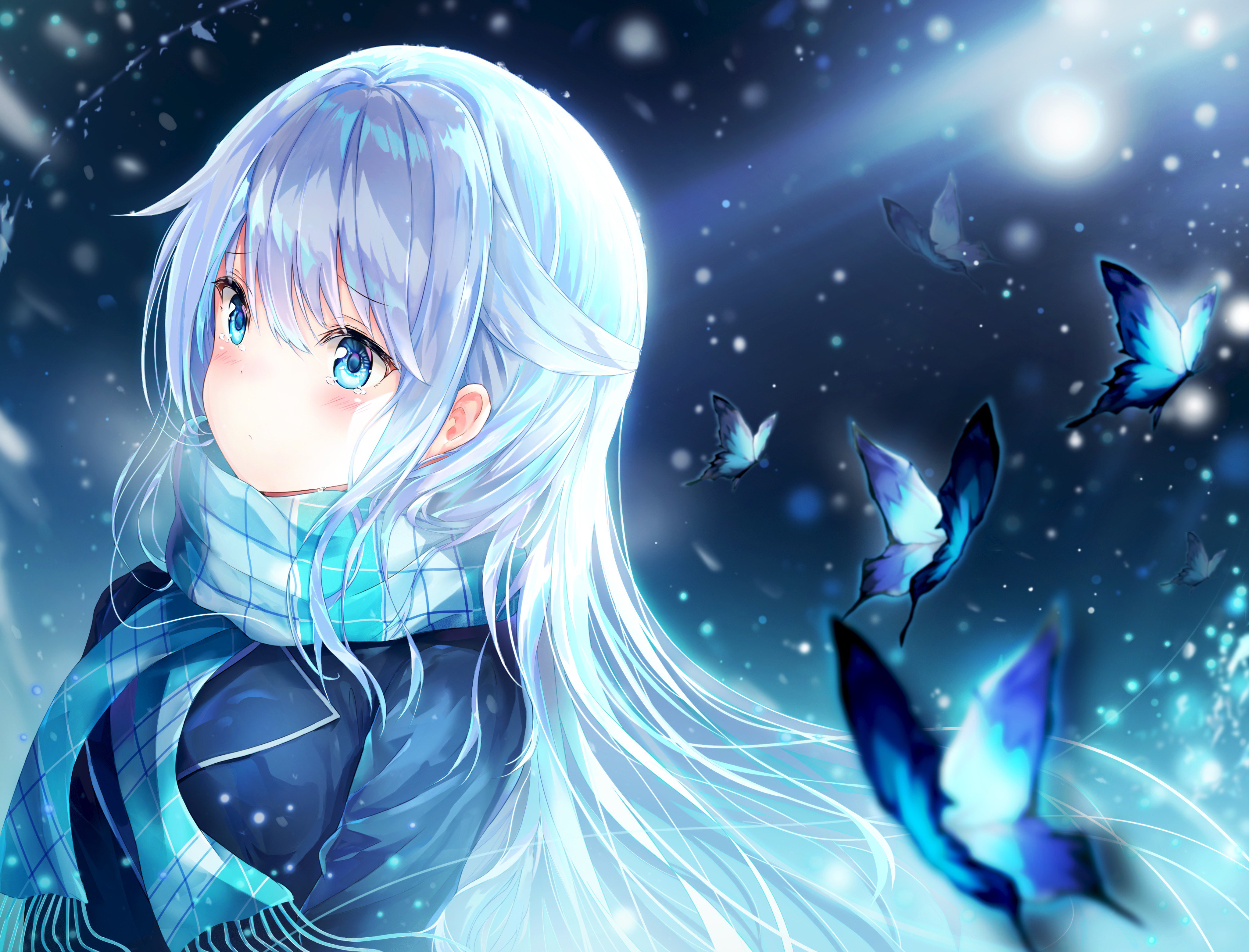 Hình ảnh anime tóc bạch kim bướm xanh xinh đẹp