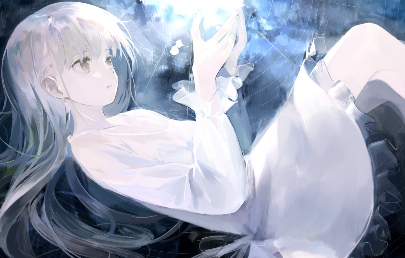 Hình ảnh anime tóc bạch kim váy trắng muốt