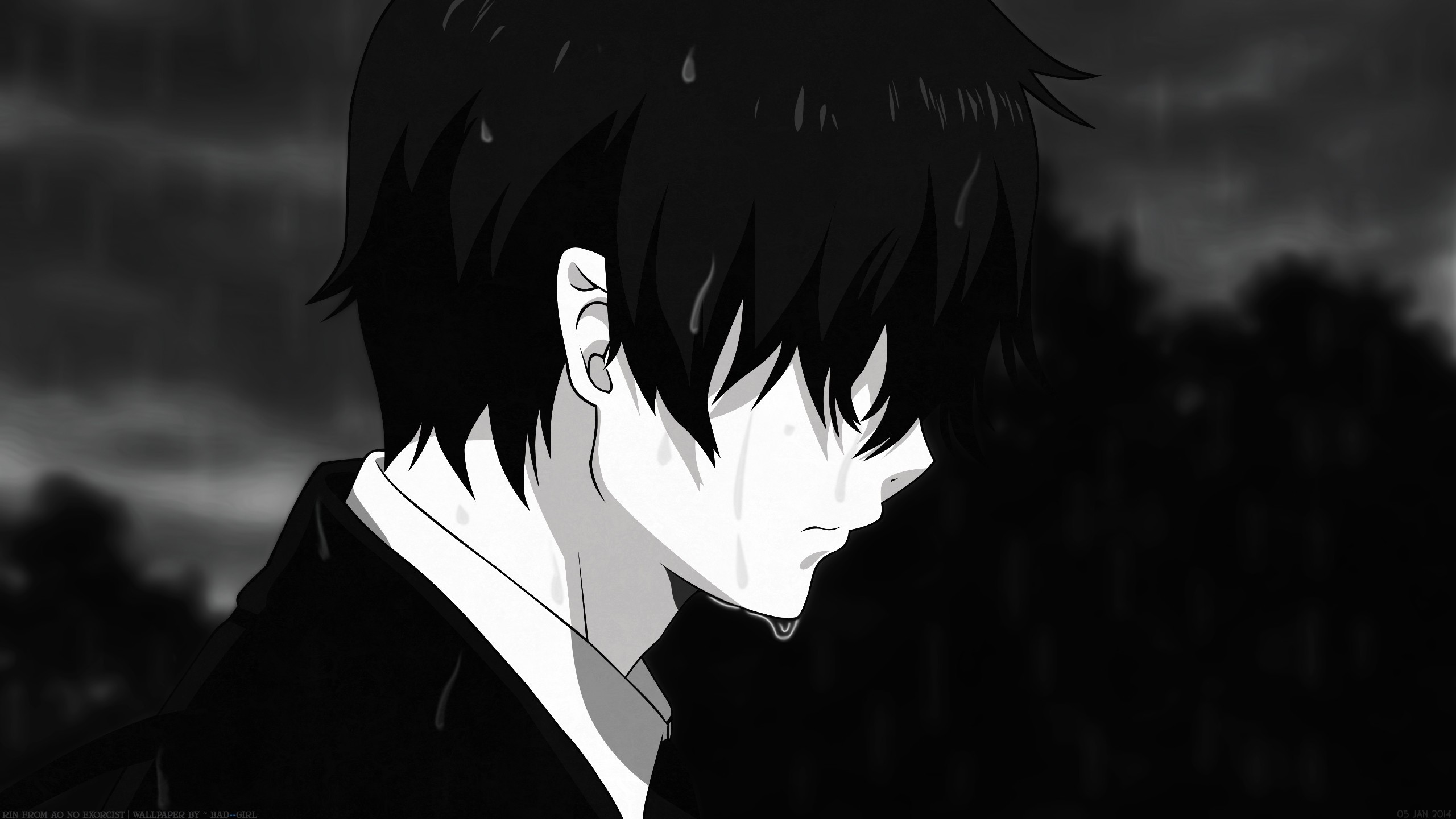 Hình nền anime đen trắng chàng trai đứng dưới mưa