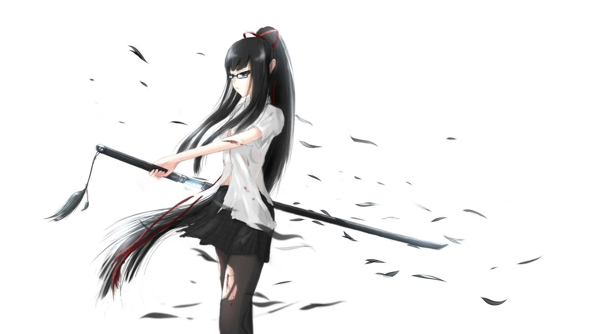 Hình nền anime đen trắng nữ kiếm sĩ