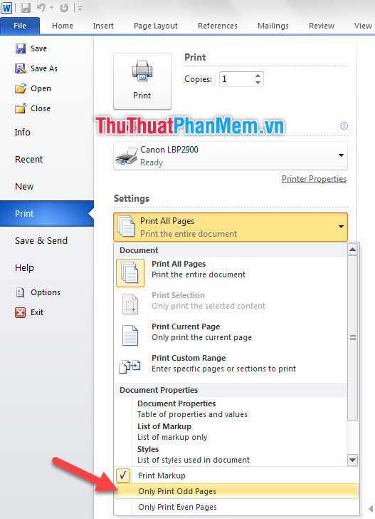 Chọn Only Print Odd Pages để có thể in tất cả các mặt lẻ của tài liệu
