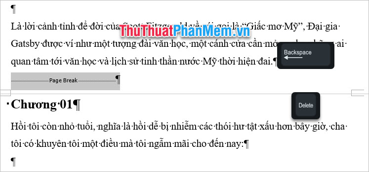 Để loại bỏ ngắt trang bạn chỉ cần bôi đen Page Break này rồi sử dụng phím Backspace hoặc Delete trên bàn phím để xóa chúng đi
