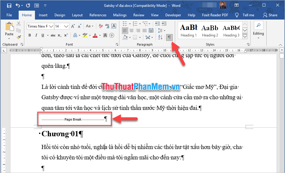 Với dấu ngắt trang, hiển thị sẽ là chữ Page Break kèm theo những dòng chấm ngang và biểu tượng ¶