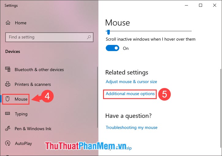 Chọn Additional mouse options