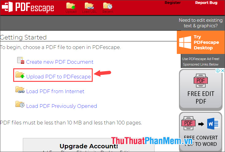 Click vào mục Upload PDF to PDFescape