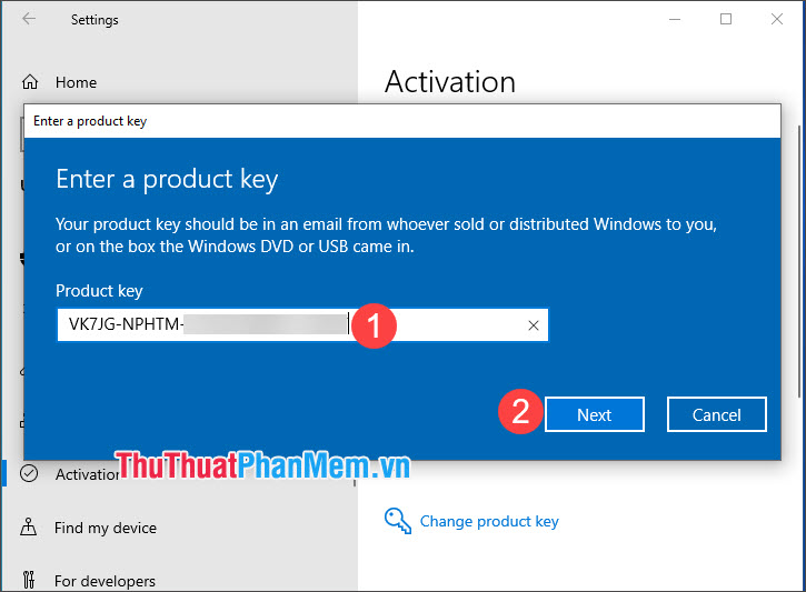 Nhập khóa Windows 10 Pro của bạn,[次へ]Chọn