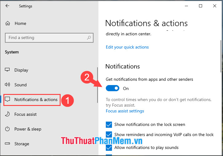 Gạt công tắc Get notifications from apps and other senders sang Off