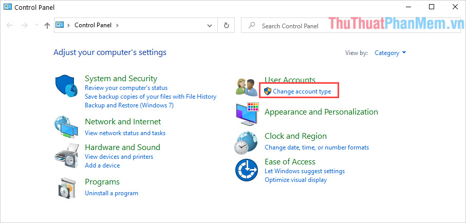 [アカウントの種類の変更]để tiếp tục thiết lập tài khoản người dùng của bạn trong Windows 10.