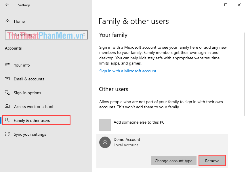 Chọn Family & Other User rồi click vào tên Account, User để chọn Remove