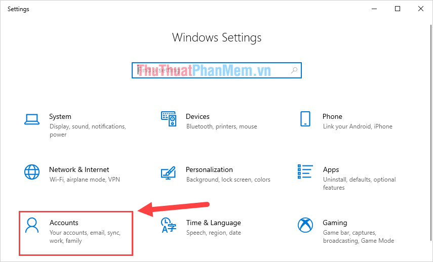 Chọn mục Accounts để xem các tài khoản trên Windows 10