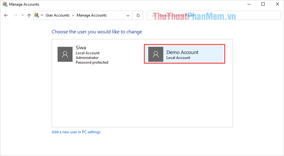Chọn tài khoản User, Account mà các bạn muốn xoá