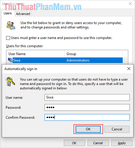 Nhập mật khẩu của Windows để xác nhận thay đổi